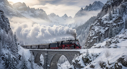 train on bridge in winter with beautiful mountain view