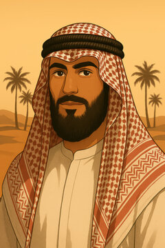 Bearded middle eastern man wearing traditional keffiyeh and white robe in a warm desert landscape with palm trees and golden evening tones and calm dignified expression