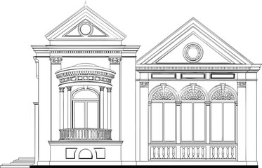 Fototapeta premium Classical building facade drawing, architectural elevation, vector blueprint, CAD sketch, columns, pediment, arched windows, decorative molding, scalable artwork