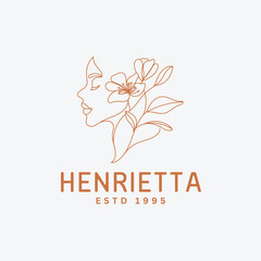 Obraz premium Elegant minimalist logo design featuring a woman's face and delicate floral accents in warm tones, perfect for beauty, wellness, or fashion branding