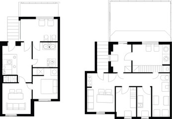 Two-story residential house plan, architectural layout, furniture arrangement, vector blueprint, CAD drawing, scalable flat artwork, interior design, home illustration