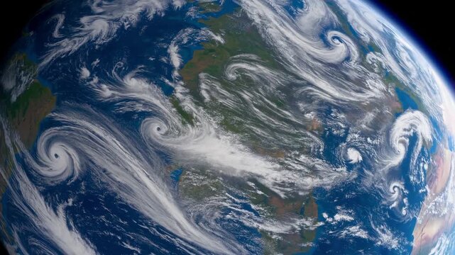 A stunning video still of Earth from space, showcasing swirling cloud patterns over continents. Captured from a high-angle satellite perspective. Live desktop wallpaper.