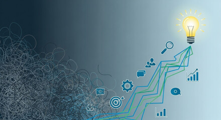 Business growth concept with lightbulb and upward trending graph on blue background