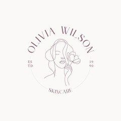 Elegant skincare logo design featuring a beautiful line art woman holding a flower, perfect for branding and promoting natural beauty products
