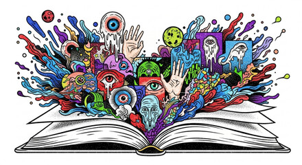 Open book unleashing a colorful explosion of surreal and psychedelic illustrations