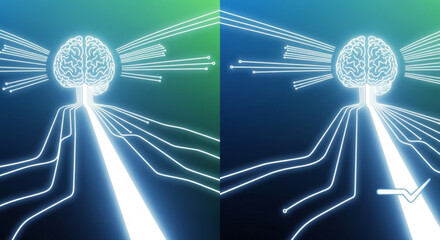 Artificial intelligence brain with neural network connections and data flow concept