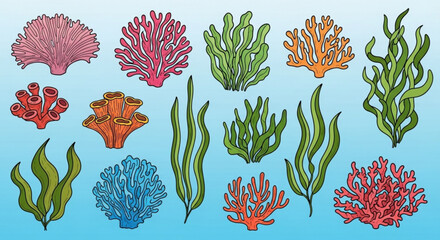 Colorful coral and seaweed illustrations on a gradient blue background pattern