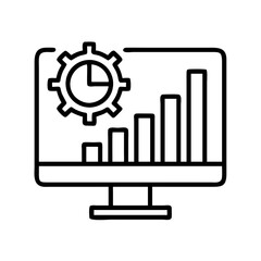 Vector art of computer screen displaying a bar graph with a gear icon, represents data analysis, performance tracking, and system configuration for business intelligence