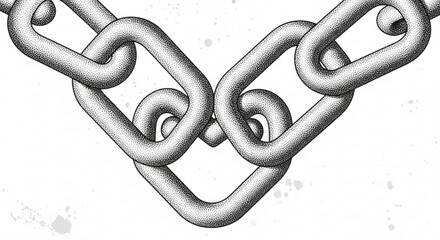 Interlocking metal chain links in a stippled illustration against white space