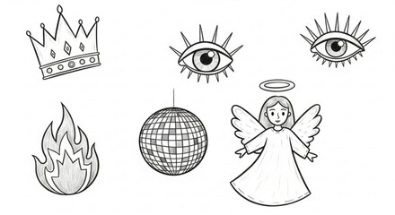 Crown eyes fire disco ball and angel drawings in black and white illustration