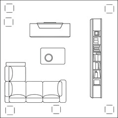 Living room floor plan, sectional sofa layout, interior design blueprint, vector illustration, CAD drawing, scalable artwork, media console, bookshelf