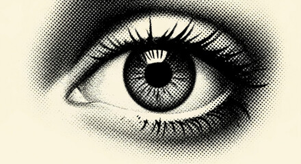 Close up of a human eye in a halftone pattern with detailed eyelashes and iris