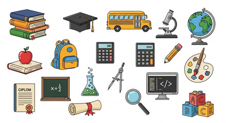 Colorful cartoon illustration of school supplies and educational objects icons