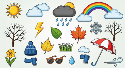 Weather icons depicting sun clouds rain rainbow lightning and seasonal elements