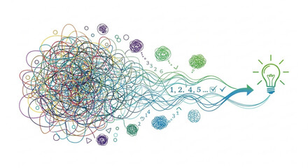From chaos to clarity concept with tangled lines leading to a bright idea bulb