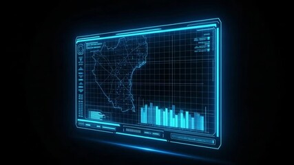 Futuristic holographic display a map data charts on a black background - Powered by Adobe