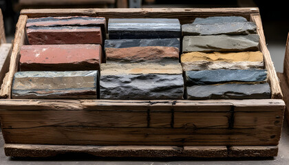 Geological rock core samples in wooden crate displaying layers and textures