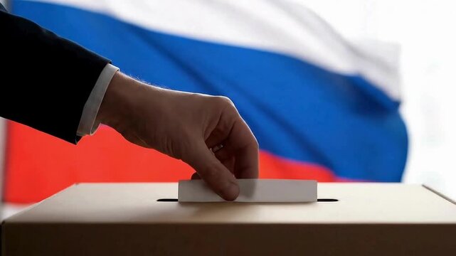 Casting a vote in Russian election with flag waving in the background video
