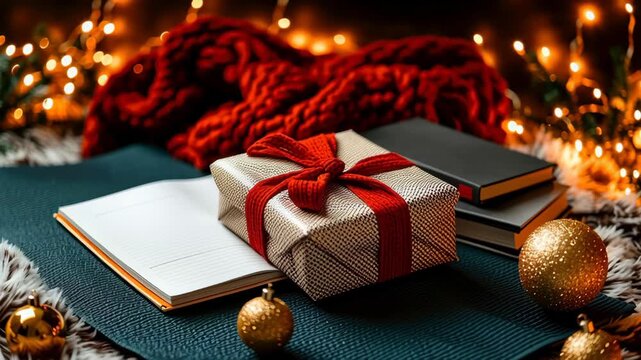 Cozy holiday gift box with red ribbon warm lights, blanket and light bokeh, open notebook and gold ornament festive decor winter mood with book stack