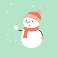 Playful snowman holding snowball. Cute winter holiday illustration