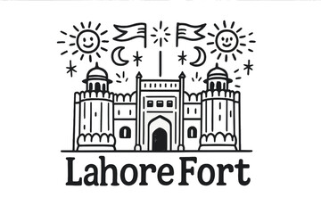 Obraz premium Lahore Fort Sketch. Hand-drawn lahore fort with moons, suns, and banners, center word “LahoreFort” in black and white isolated