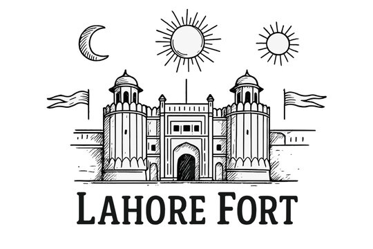 Lahore Fort Sketch. Hand-drawn lahore fort with moons, suns, and banners, center word &ldquo;LahoreFort&rdquo; in black and white isolated