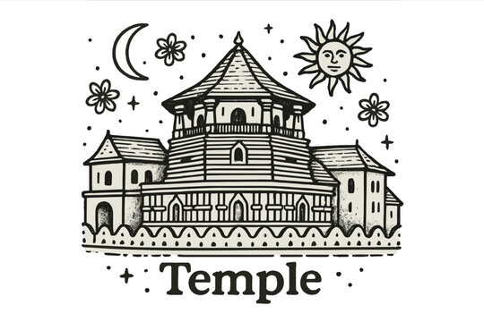 Temple with Celestial Symbols. Hand-drawn sri dalada maligawa temple with moons, suns, and flowers, center word &ldquo;Temple&rdquo; in black