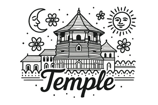 Temple with Celestial Symbols. Hand-drawn sri dalada maligawa temple with moons, suns, and flowers, center word &ldquo;Temple&rdquo; in black