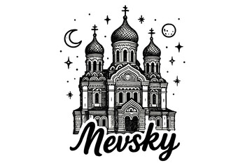 Nevsky Cathedral Art. Hand-drawn alexander nevsky cathedral with moons, domes, and sparkles, center word &ldquo;Nevsky&rdquo; in black and