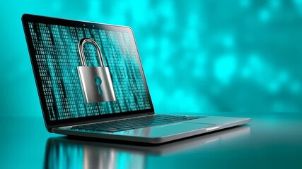 Modern laptop computer with padlock icon on digital code background representing cybersecurity encryption data privacy and network protection footage.  - Powered by Adobe