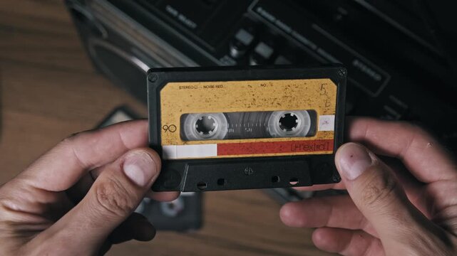Point of view shot of hands holding an aged audio cassette showing its worn yellow and red paper label and visible magnetic tape A blurry vintage ghettoblaster is in the background on wood