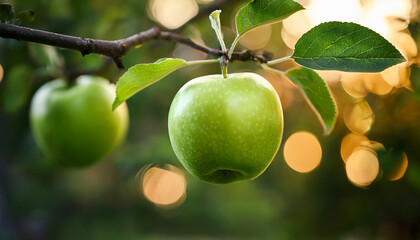 green apple on a tree with bokehs