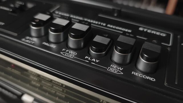 Top down angled shot of a finger operating a retro cassette recorder pressing play and then stop eject keys showing the row of controls and radio tuner scale on a vintage black boombox