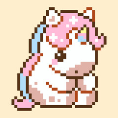 Adorable pixel art unicorn with pastel pink mane and blue highlights. Retro 8-bit kawaii fantasy horse character