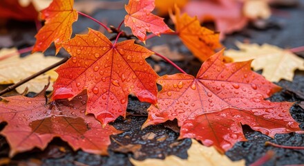 Autumn leaves with water droplets close up view