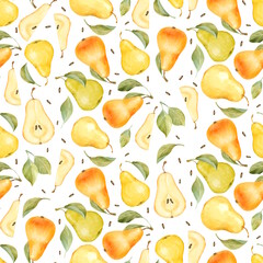 Hand-drawn illustration of a seamless pattern with whole pears, halved pear slices with seeds, and scattered green leaves