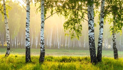 Sunlight bathes a birch forest; tall trees with textured bark and green leaves in soft light