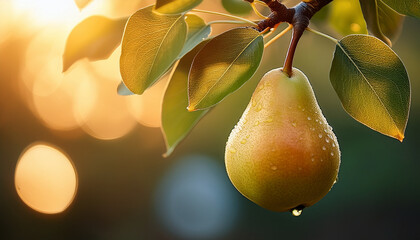 pear on branch with bokehs
