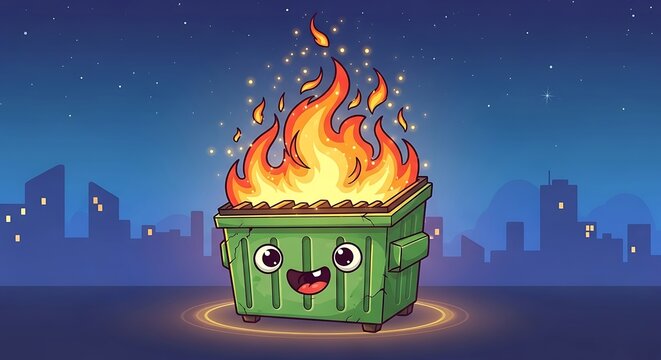 Burning Dumpster City Night Cartoon.