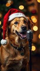 Dog in santa claus hat sings into a microphone against the blurred bokeh background of garland lights on stage closeup. Singer singing karaoke. Festive party. New Year performance. Golden retriever