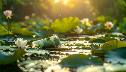 Sunlight bathes a serene pond dotted with lilies, with a discarded plastic cup amidst the water