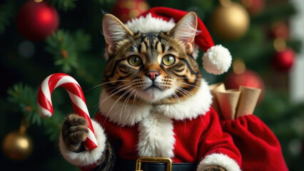 Portrait of tabby cat in a Santa Claus clothes and hat holding in paw candy cane against Christmas tree lights background. New Year magic holiday card. Domestic animal. Masquerade. Wish gift concept