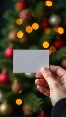 Mockup of white paper business card in person's hand against Christmas tree background. Gift card or certificate and copy space for text. New Year invitation. Greeting voucher. Winning lottery ticket