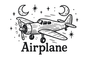 Obraz premium Airplane with Moons. Hand-drawn airplane with moons, propellers, and sparks, center word “Airplane” in black and white isolated