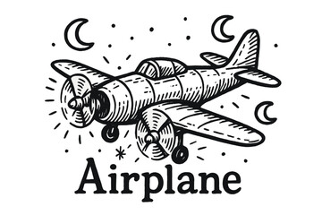 Naklejka premium Airplane with Moons. Hand-drawn airplane with moons, propellers, and sparks, center word “Airplane” in black and white isolated