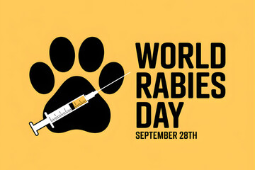 World rabies day with paw print and syringe on yellow background