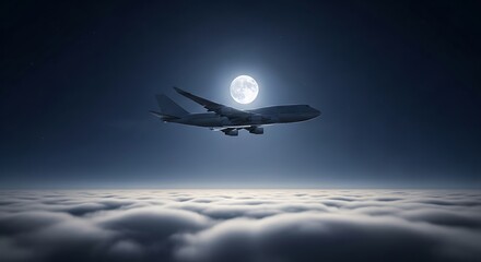 Airplane Flying Through Full Moon Night Sky Above Clouds.