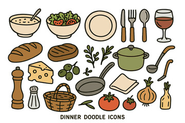 Dinner Doodle Icons. Dinner doodle icon set: hand drawn icons of soup bowl, salad, steak, plate, knife, fork, spoon, wine glass,