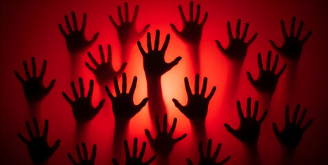 Silhouette of  hands casting shadows on a red background. Horror banner concept for spooky season, Halloween, scary film poster with copy space.