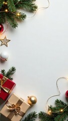 White Christmas background with fir branches and red and golden decorations, copy space in the middle. Mockup design of New Year card. Top view of garland lights, gift boxes and balls. Text place
